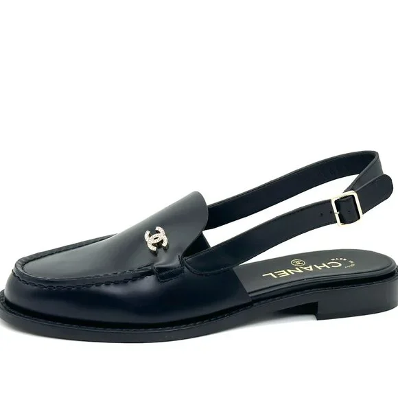CHANEL 25P 2025 Crystal CC Logo Leather Slingback Flat Loafers Shoes Sandals - Picture 3 of 16
